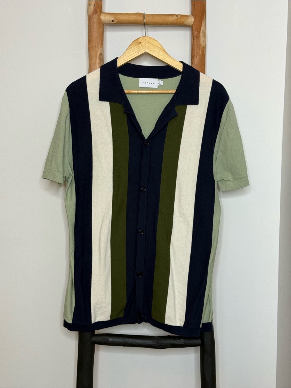 Topman Vertical Stripe Camp Collar Polo in Sage, Navy & Olive